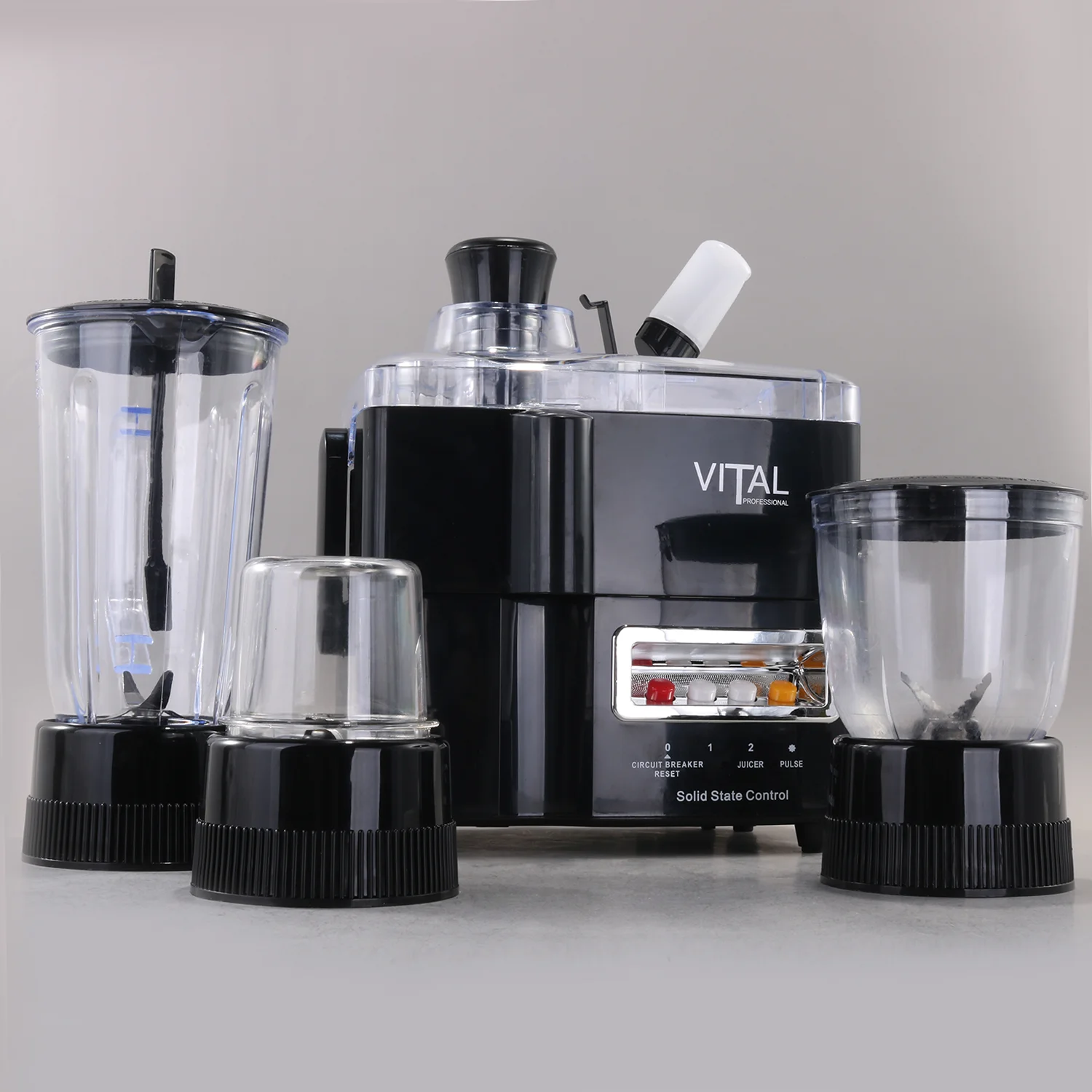 The VITAL 4-in-1 Food Processor combines a juicer, blender, meat grinder, and spice/coffee grinder in one powerful and compact appliance