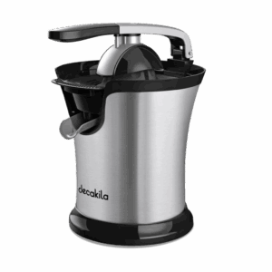 Decakila Citrus Juicer KEJC008B – 160W stainless steel design with ergonomic press arm, anti-drip spout, and removable pulp filter for fresh orange and lemon juice.