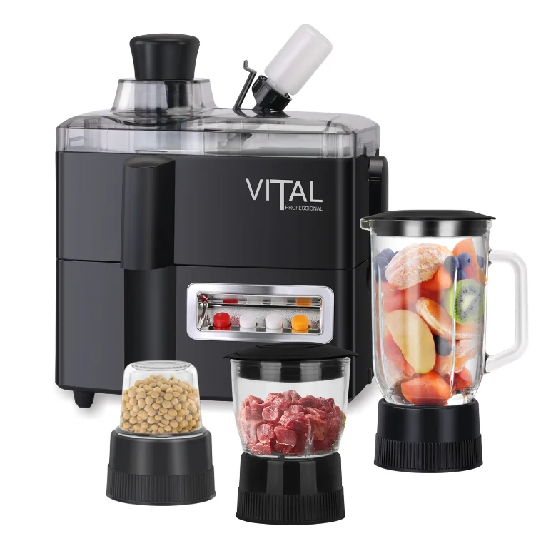 VITAL 4-in-1 Food Processor – Model VIT-20231 featuring juicer, blender, meat grinder, and spice/coffee grinde