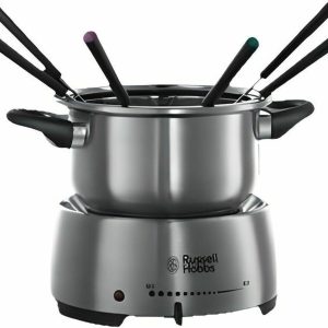 Russell Hobbs Fiesta Electric Fondue Maker with stainless steel bowl and fondue forks.