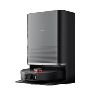 Xiaomi Robot Vacuum X20 Max in sleek grey with its integrated docking station, highlighting the retractable mopping arm.