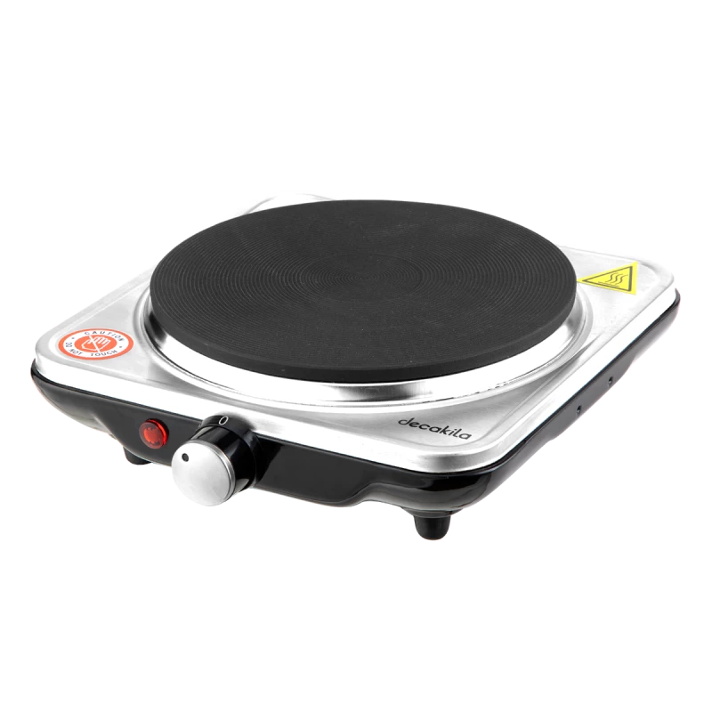 موقد كهربائي ديكايلا شعلة واحدة باللون الأبيض/الأسود مع مفتاح تحكم بالحرارة.