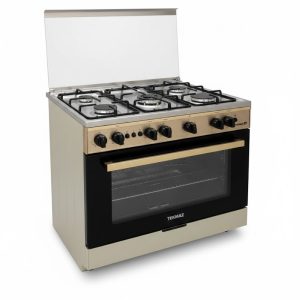 فرن غاز تكماز 90×60 سم، صناعة مصرية، لون ستانلس ستيل، يتميز بمروحة توزيع حراري، أمان كامل، وإشعال ذاتي مع سكك جانبية سهلة الحركة