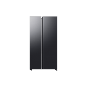 ثلاجة سامسونج بابين متجاورين سعة 647 لتر باللون الأسود الفولاذي (Black Steel)، تتميز بتقنية SpaceMax ومحرك انفيرتر رقمي موديل RS70F65Q1FLV.